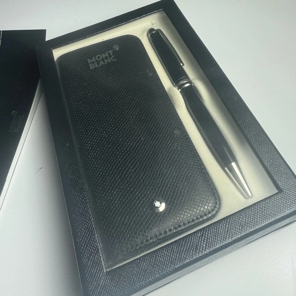 Mont Blanc Black Textured Leather Pencil Case with Black Ballpoint Pen